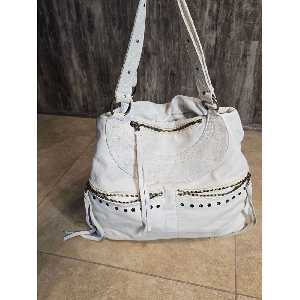 White Leather Hobo Bag with Dual Zip Pockets and Stud Detail